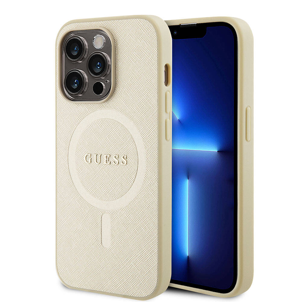 iPhone 15 Pro Kılıf Guess Orijinal Lisanslı M-safe Şarj Özellikli Yazı Logolu Saffiano Kılıf