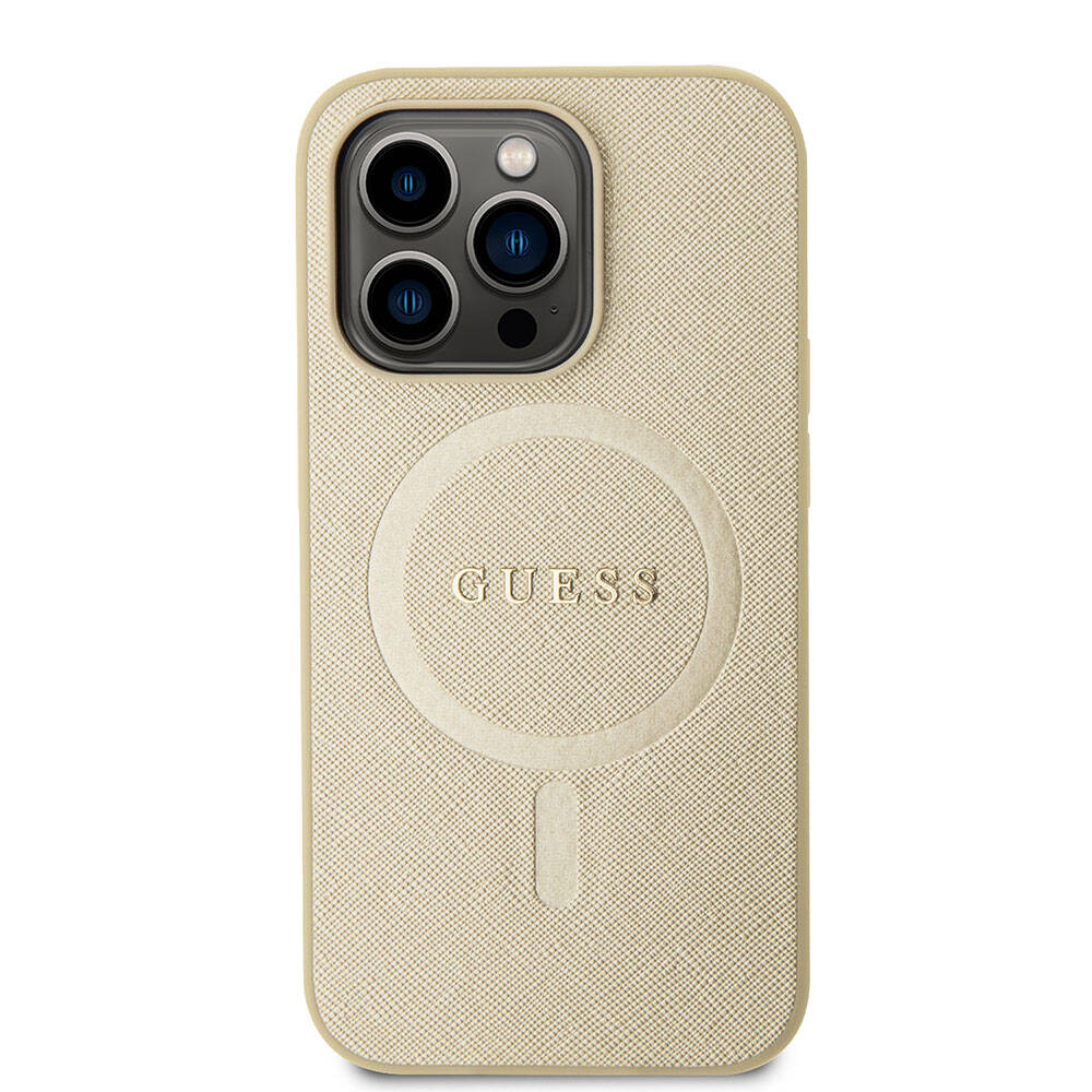 iPhone 15 Pro Kılıf Guess Orijinal Lisanslı M-safe Şarj Özellikli Yazı Logolu Saffiano Kılıf