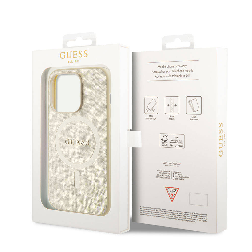 iPhone 15 Pro Kılıf Guess Orijinal Lisanslı M-safe Şarj Özellikli Yazı Logolu Saffiano Kılıf