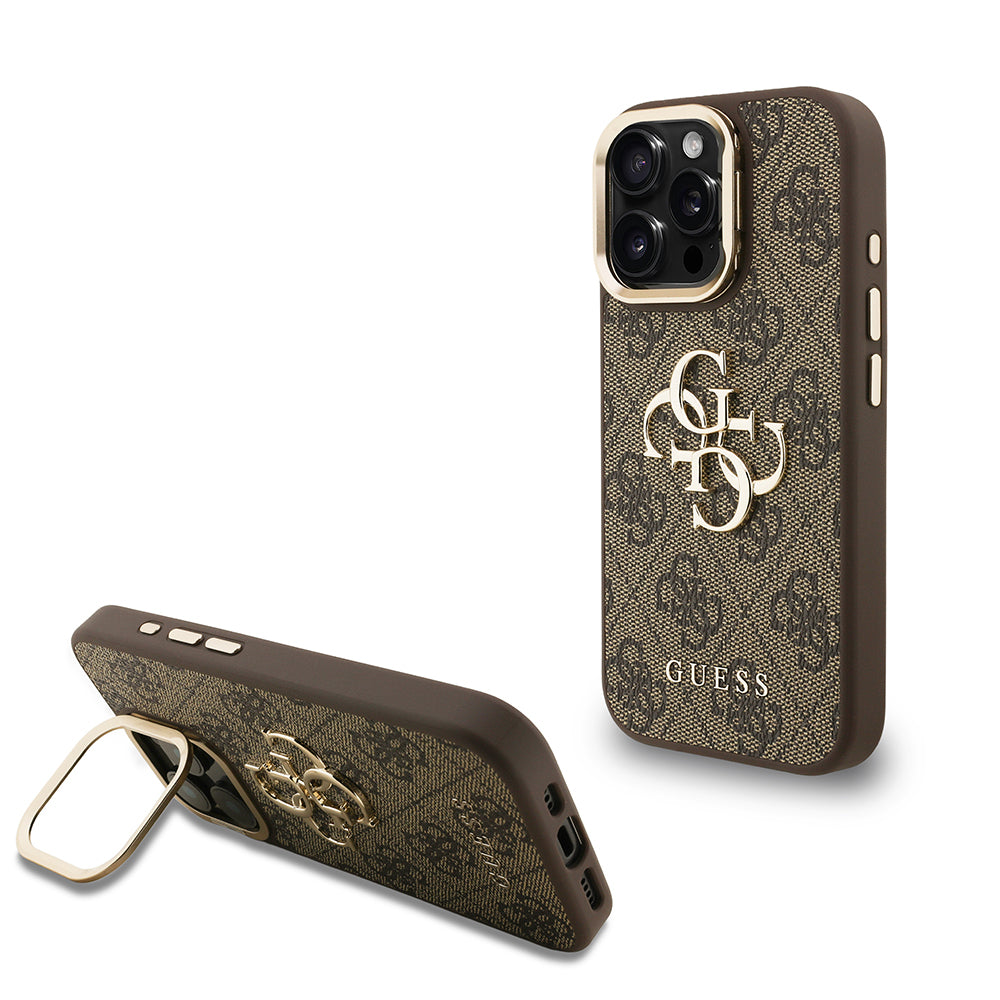 iPhone 15 Pro Kılıf Guess Orijinal Lisanslı PU Deri 4G Desenli Metal Büyük 4G ve Yazı Logolu Kamera Standlı Kılıf