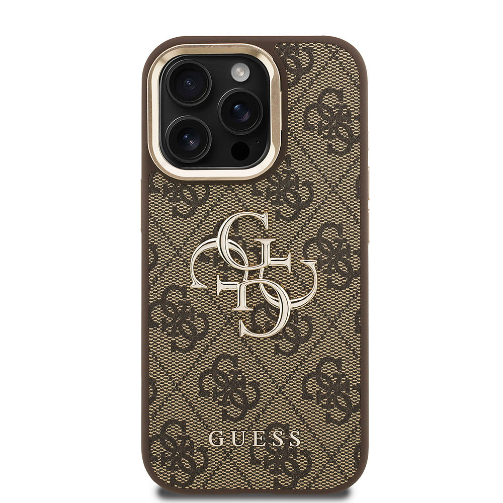 iPhone 15 Pro Kılıf Guess Orijinal Lisanslı PU Deri 4G Desenli Metal Büyük 4G ve Yazı Logolu Kamera Standlı Kılıf