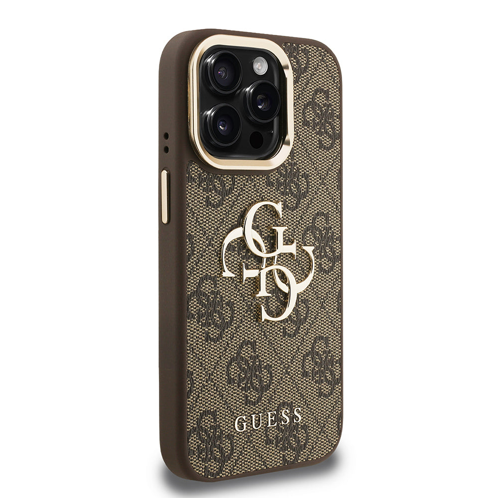 iPhone 15 Pro Kılıf Guess Orijinal Lisanslı PU Deri 4G Desenli Metal Büyük 4G ve Yazı Logolu Kamera Standlı Kılıf
