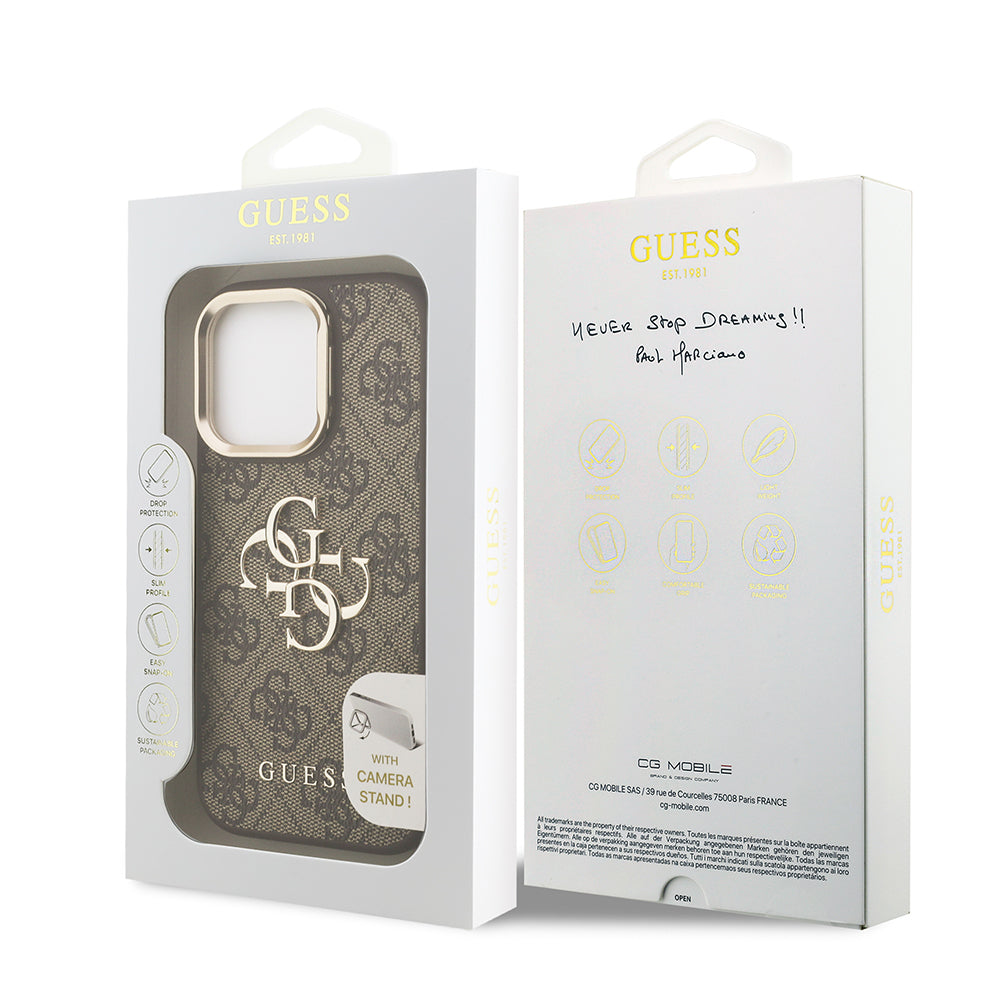 iPhone 15 Pro Kılıf Guess Orijinal Lisanslı PU Deri 4G Desenli Metal Büyük 4G ve Yazı Logolu Kamera Standlı Kılıf