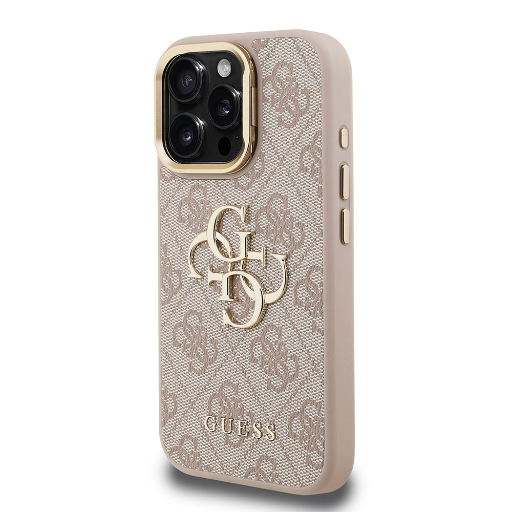 iPhone 15 Pro Kılıf Guess Orijinal Lisanslı PU Deri 4G Desenli Metal Büyük 4G ve Yazı Logolu Kamera Standlı Kılıf