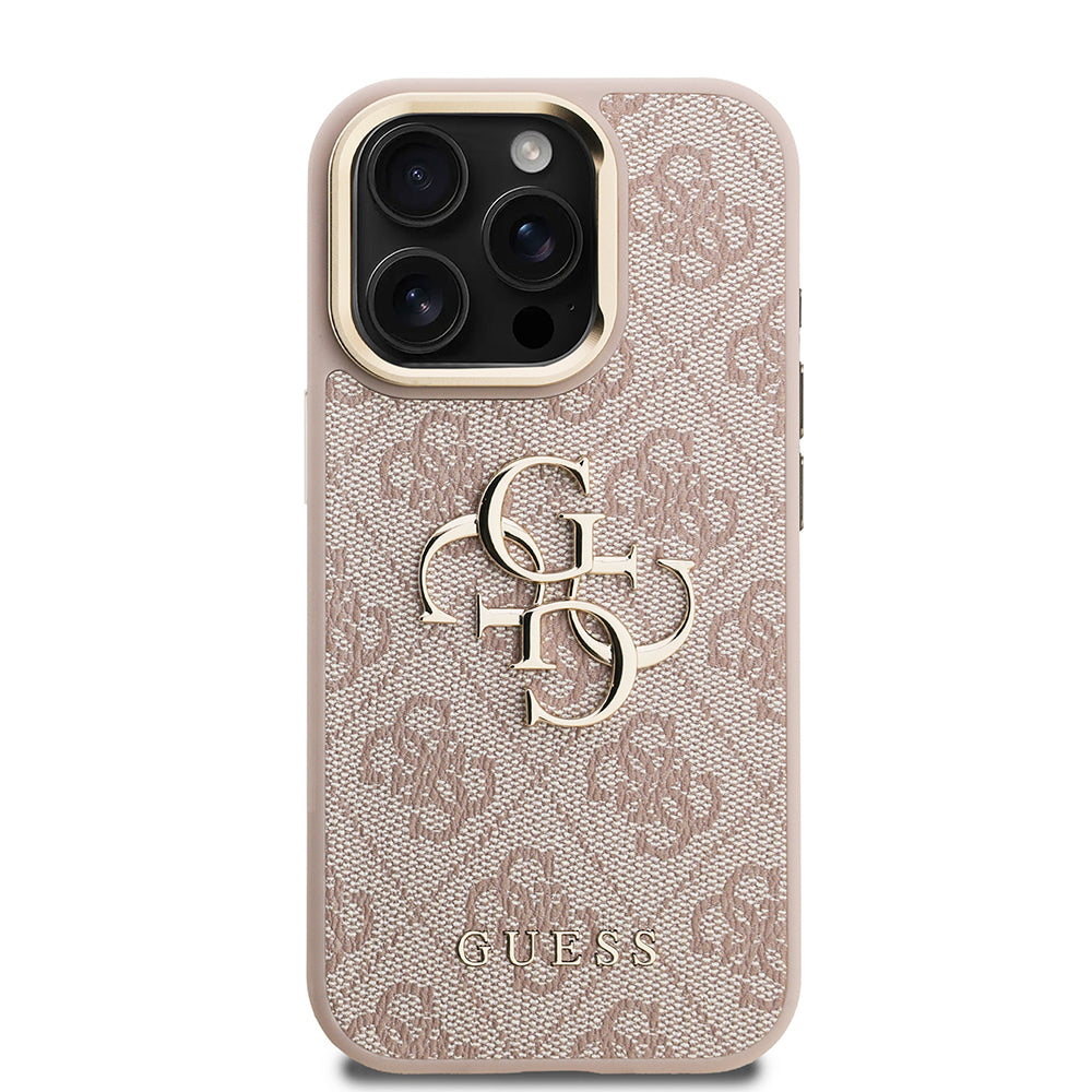 iPhone 15 Pro Kılıf Guess Orijinal Lisanslı PU Deri 4G Desenli Metal Büyük 4G ve Yazı Logolu Kamera Standlı Kılıf