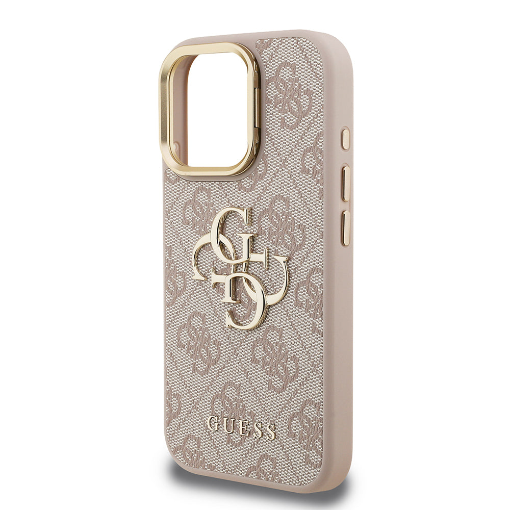 iPhone 15 Pro Kılıf Guess Orijinal Lisanslı PU Deri 4G Desenli Metal Büyük 4G ve Yazı Logolu Kamera Standlı Kılıf