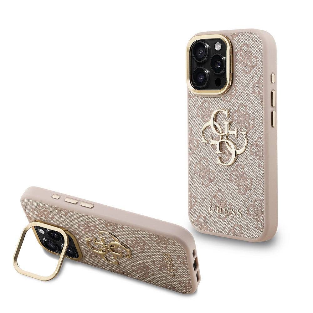 iPhone 15 Pro Kılıf Guess Orijinal Lisanslı PU Deri 4G Desenli Metal Büyük 4G ve Yazı Logolu Kamera Standlı Kılıf