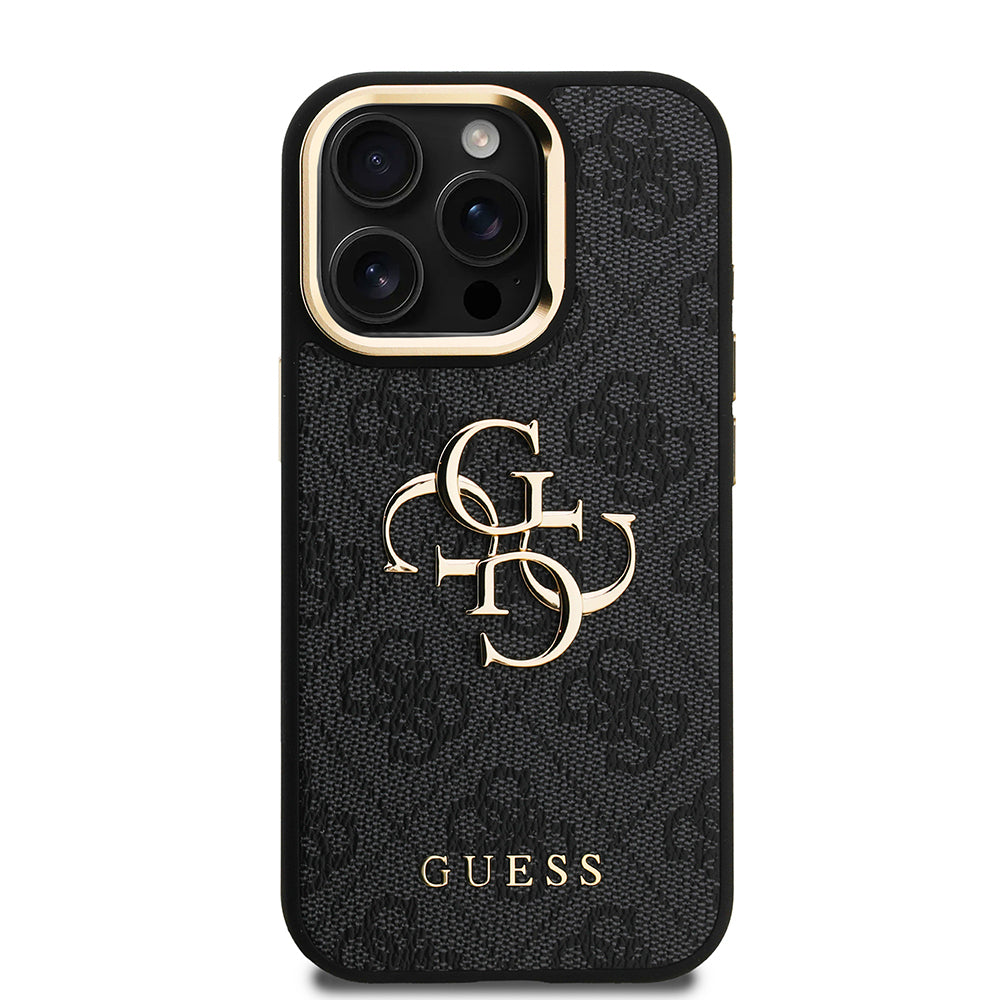 iPhone 15 Pro Kılıf Guess Orijinal Lisanslı PU Deri 4G Desenli Metal Büyük 4G ve Yazı Logolu Kamera Standlı Kılıf