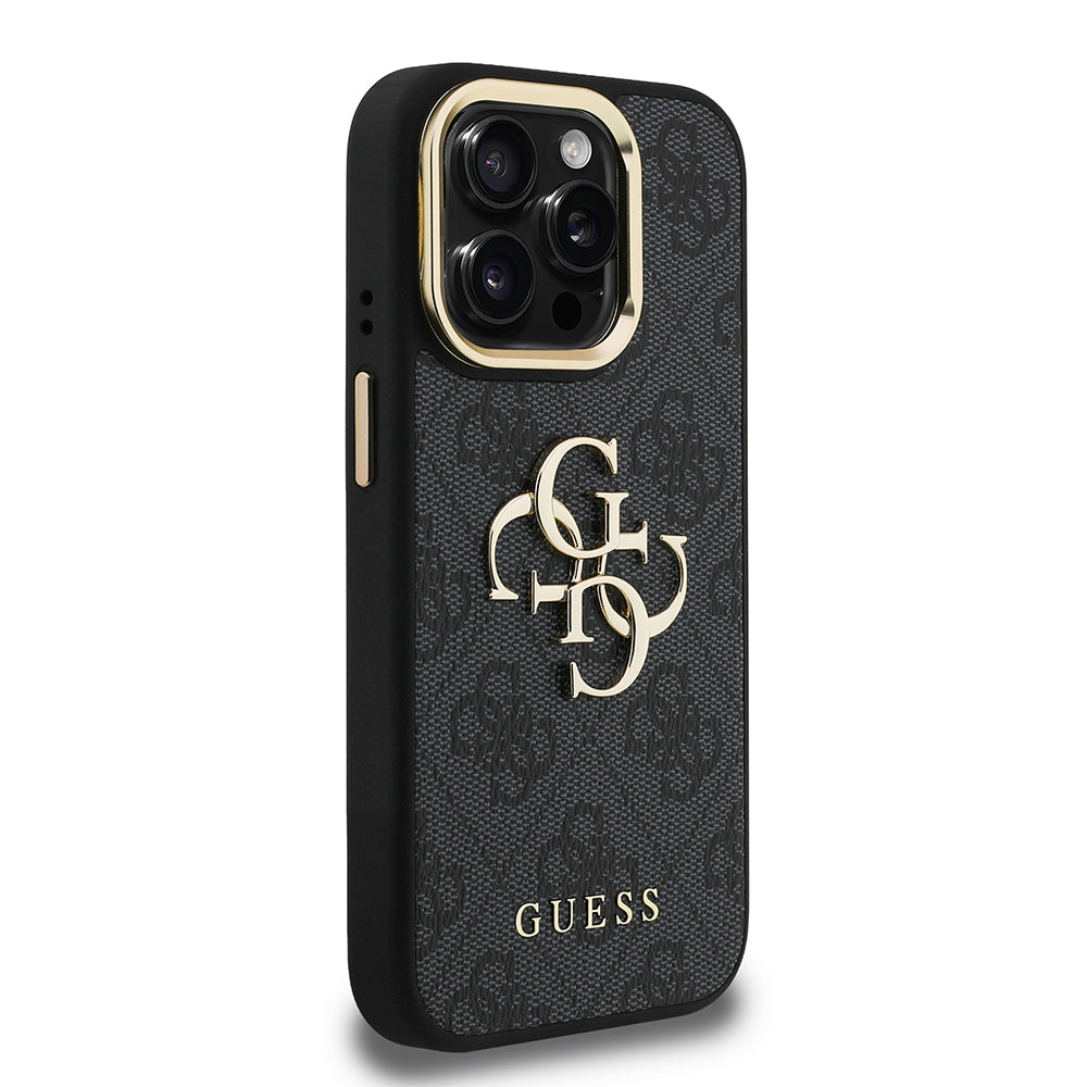 iPhone 15 Pro Kılıf Guess Orijinal Lisanslı PU Deri 4G Desenli Metal Büyük 4G ve Yazı Logolu Kamera Standlı Kılıf