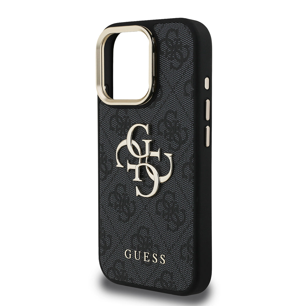 iPhone 15 Pro Kılıf Guess Orijinal Lisanslı PU Deri 4G Desenli Metal Büyük 4G ve Yazı Logolu Kamera Standlı Kılıf