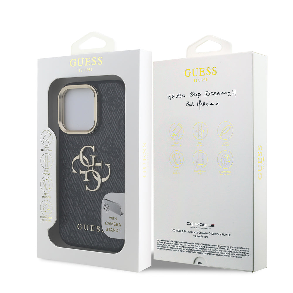 iPhone 15 Pro Kılıf Guess Orijinal Lisanslı PU Deri 4G Desenli Metal Büyük 4G ve Yazı Logolu Kamera Standlı Kılıf
