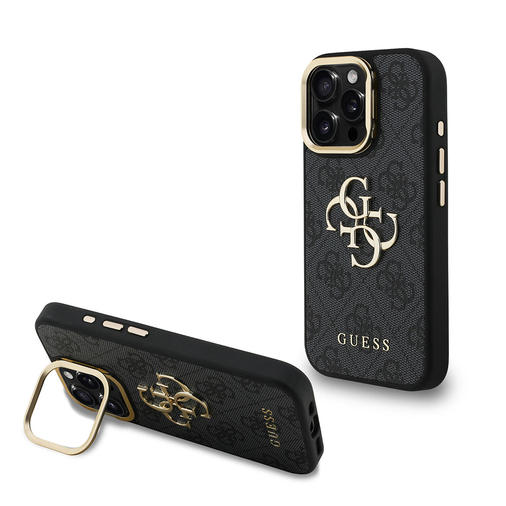iPhone 15 Pro Kılıf Guess Orijinal Lisanslı PU Deri 4G Desenli Metal Büyük 4G ve Yazı Logolu Kamera Standlı Kılıf