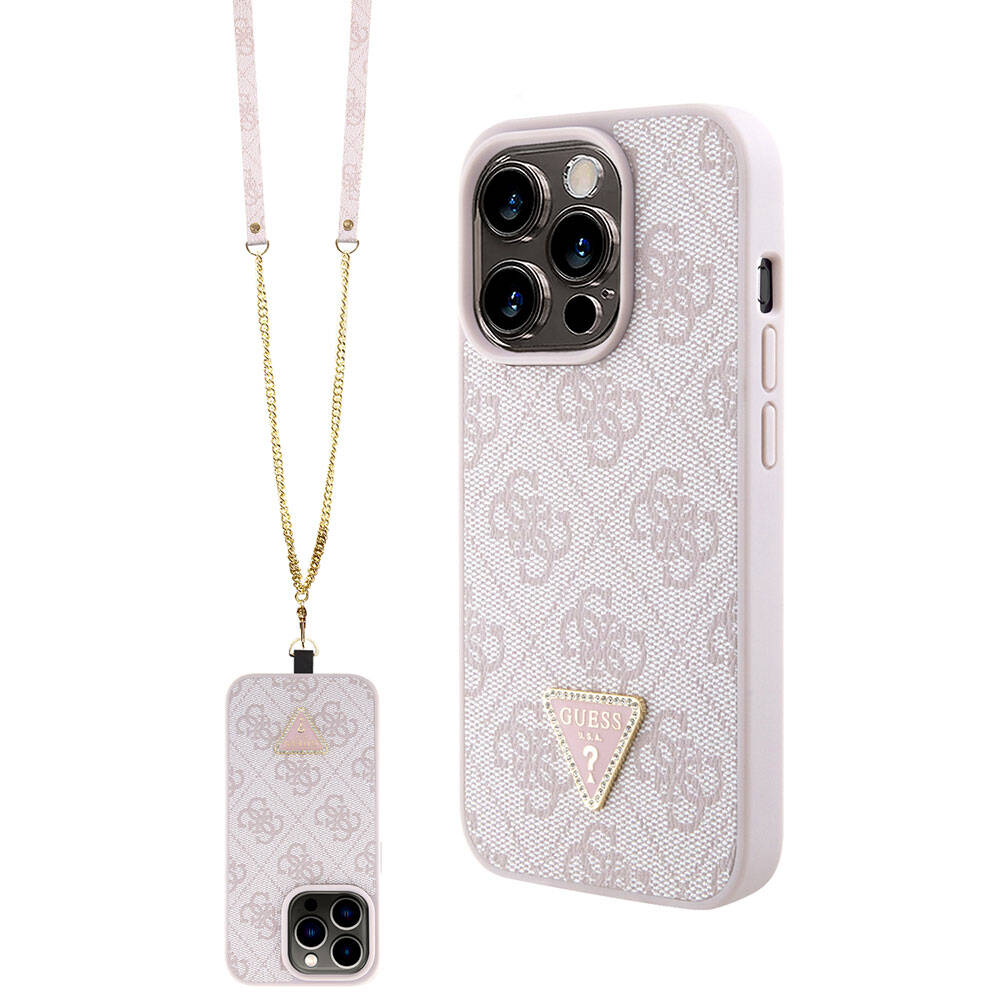 iPhone 15 Pro Kılıf Guess Orijinal Lisanslı PU Deri Askılı Taşlı Üçgen Logo 4G Desenli Strass Crossbody Kılıf