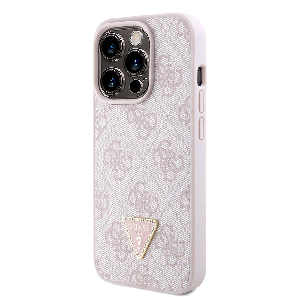 iPhone 15 Pro Kılıf Guess Orijinal Lisanslı PU Deri Askılı Taşlı Üçgen Logo 4G Desenli Strass Crossbody Kılıf