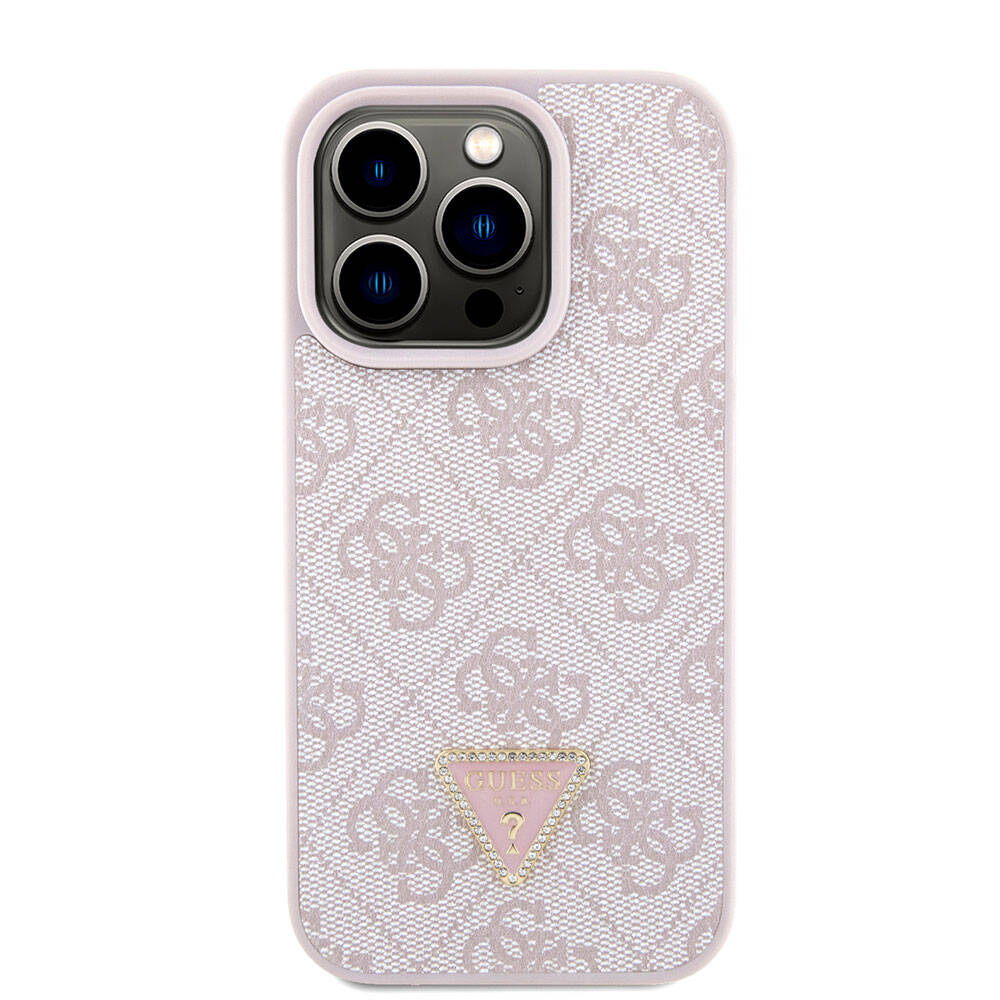 iPhone 15 Pro Kılıf Guess Orijinal Lisanslı PU Deri Askılı Taşlı Üçgen Logo 4G Desenli Strass Crossbody Kılıf