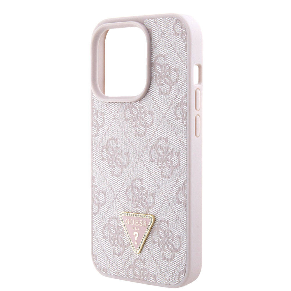iPhone 15 Pro Kılıf Guess Orijinal Lisanslı PU Deri Askılı Taşlı Üçgen Logo 4G Desenli Strass Crossbody Kılıf