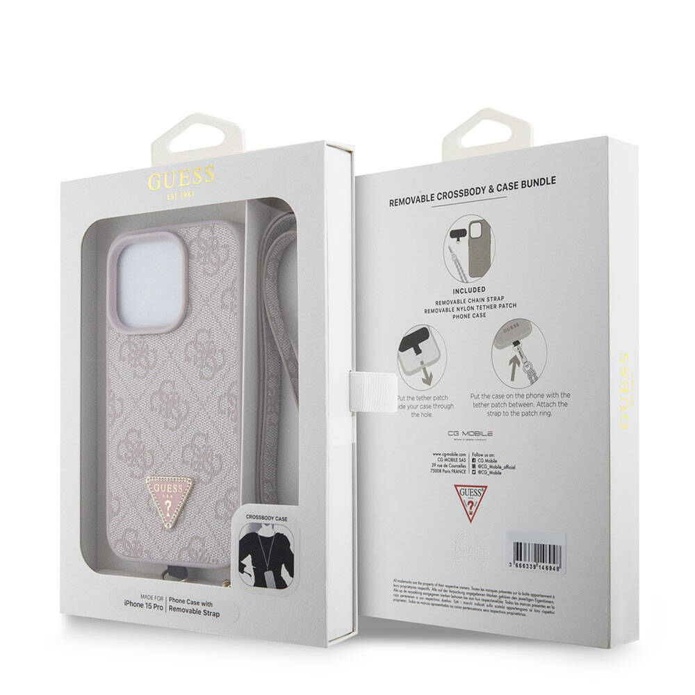 iPhone 15 Pro Kılıf Guess Orijinal Lisanslı PU Deri Askılı Taşlı Üçgen Logo 4G Desenli Strass Crossbody Kılıf