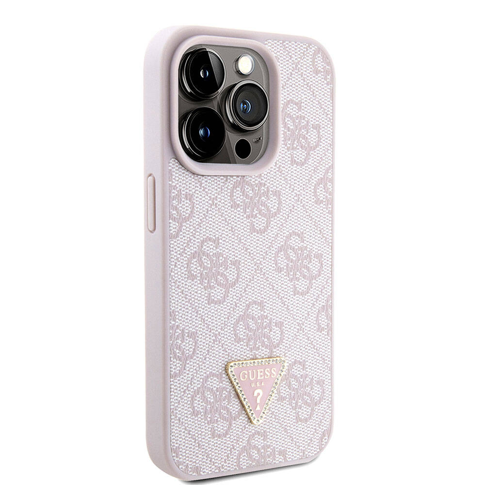 iPhone 15 Pro Kılıf Guess Orijinal Lisanslı PU Deri Askılı Taşlı Üçgen Logo 4G Desenli Strass Crossbody Kılıf