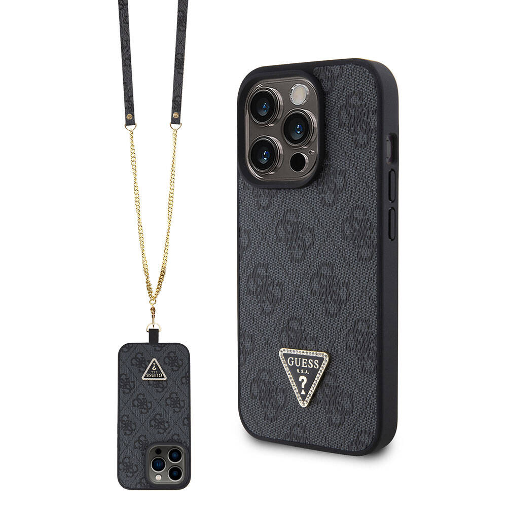 iPhone 15 Pro Kılıf Guess Orijinal Lisanslı PU Deri Askılı Taşlı Üçgen Logo 4G Desenli Strass Crossbody Kılıf