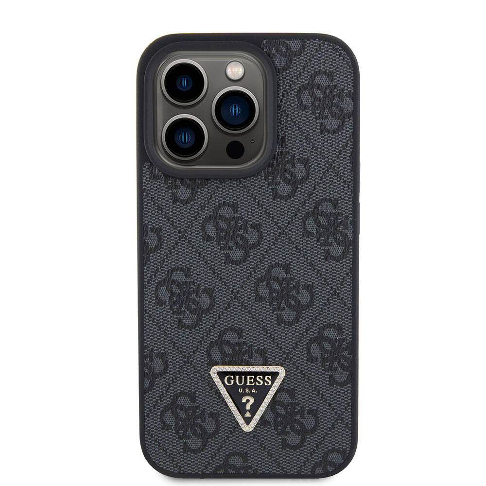 iPhone 15 Pro Kılıf Guess Orijinal Lisanslı PU Deri Askılı Taşlı Üçgen Logo 4G Desenli Strass Crossbody Kılıf