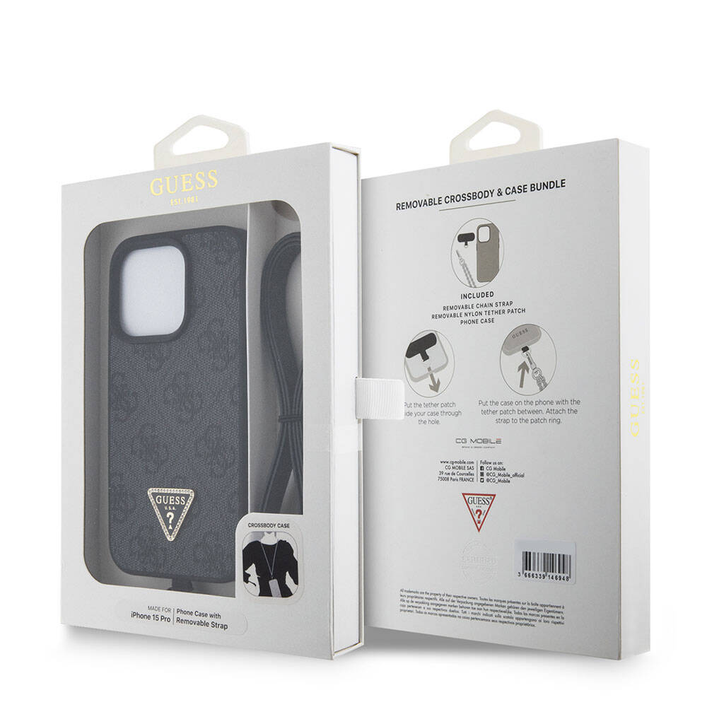 iPhone 15 Pro Kılıf Guess Orijinal Lisanslı PU Deri Askılı Taşlı Üçgen Logo 4G Desenli Strass Crossbody Kılıf
