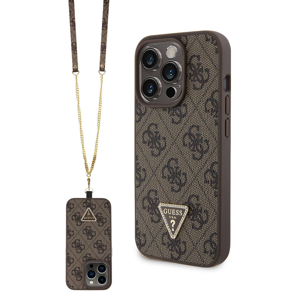 iPhone 15 Pro Kılıf Guess Orijinal Lisanslı PU Deri Askılı Taşlı Üçgen Logo 4G Desenli Strass Crossbody Kılıf