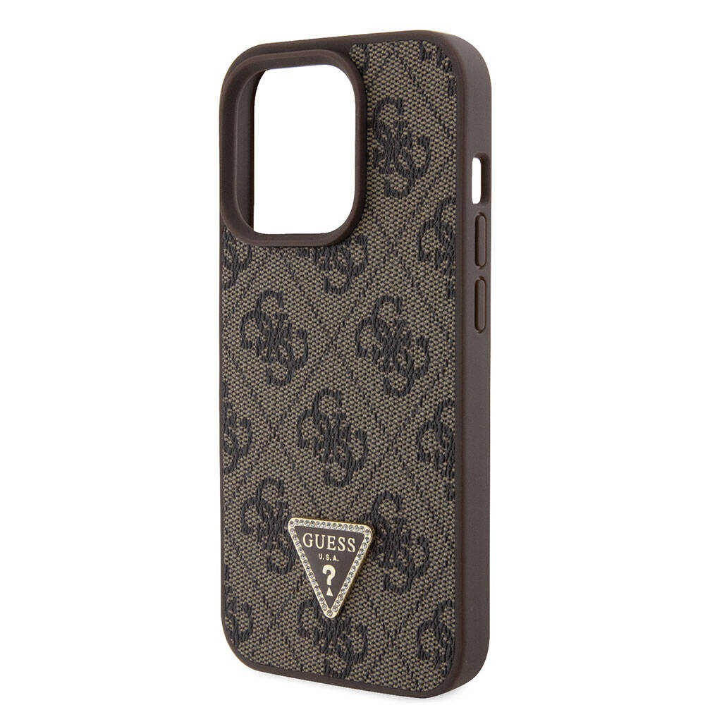 iPhone 15 Pro Kılıf Guess Orijinal Lisanslı PU Deri Askılı Taşlı Üçgen Logo 4G Desenli Strass Crossbody Kılıf