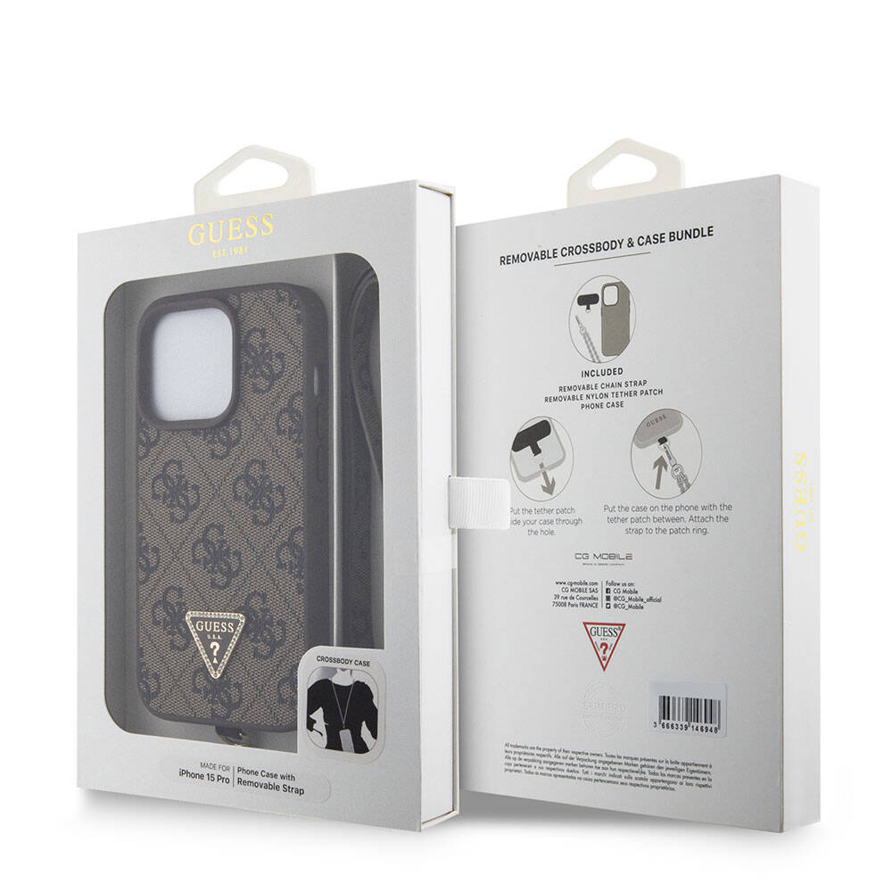 iPhone 15 Pro Kılıf Guess Orijinal Lisanslı PU Deri Askılı Taşlı Üçgen Logo 4G Desenli Strass Crossbody Kılıf