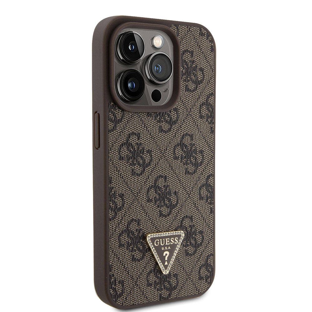 iPhone 15 Pro Kılıf Guess Orijinal Lisanslı PU Deri Askılı Taşlı Üçgen Logo 4G Desenli Strass Crossbody Kılıf