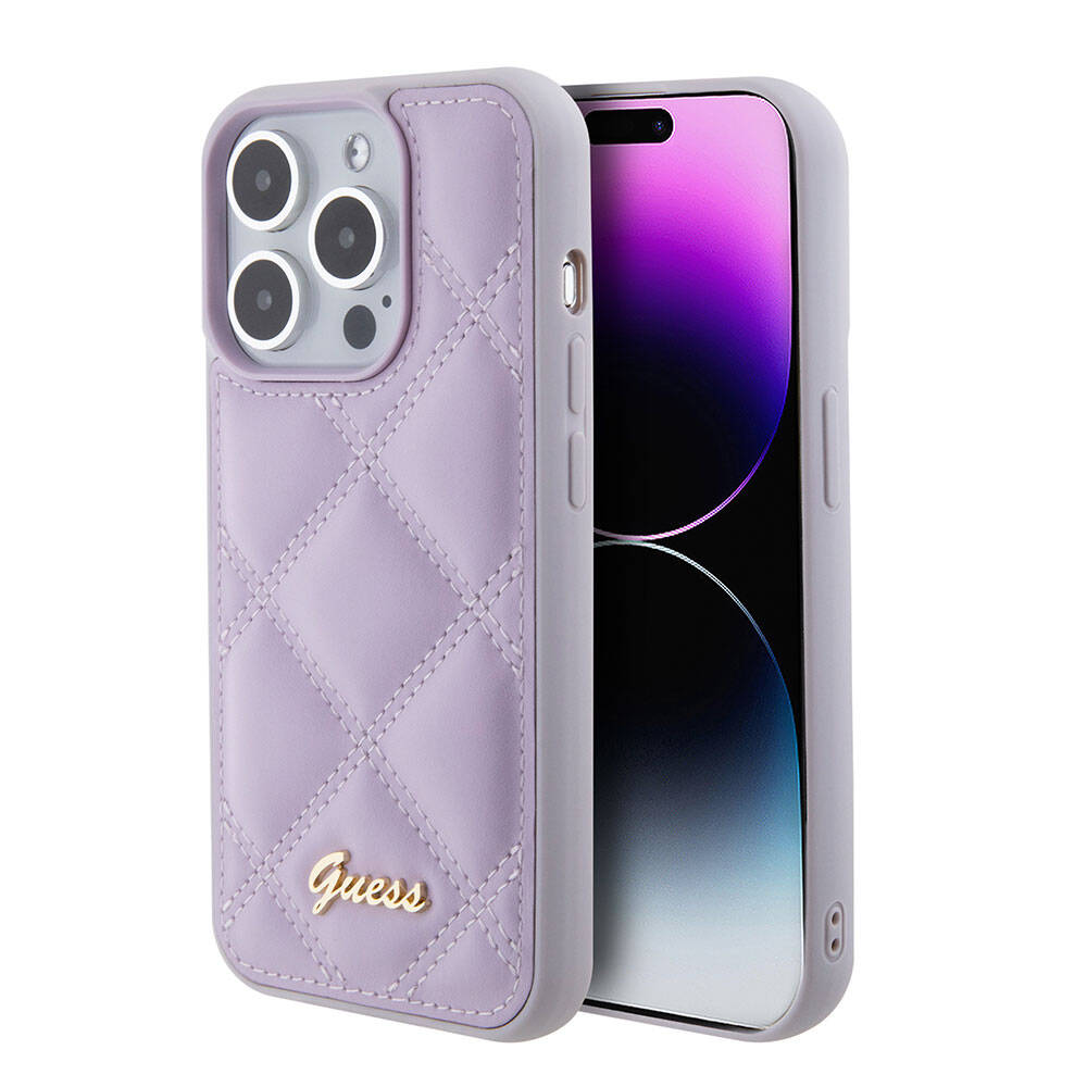 iPhone 15 Pro Kılıf Guess Orijinal Lisanslı PU Deri Metal Yazı Logolu Kapitone Kılıf