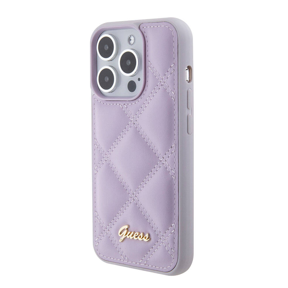 iPhone 15 Pro Kılıf Guess Orijinal Lisanslı PU Deri Metal Yazı Logolu Kapitone Kılıf