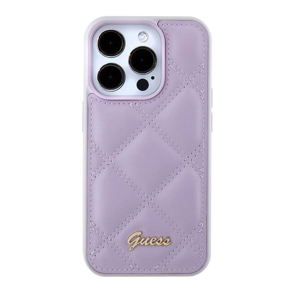 iPhone 15 Pro Kılıf Guess Orijinal Lisanslı PU Deri Metal Yazı Logolu Kapitone Kılıf