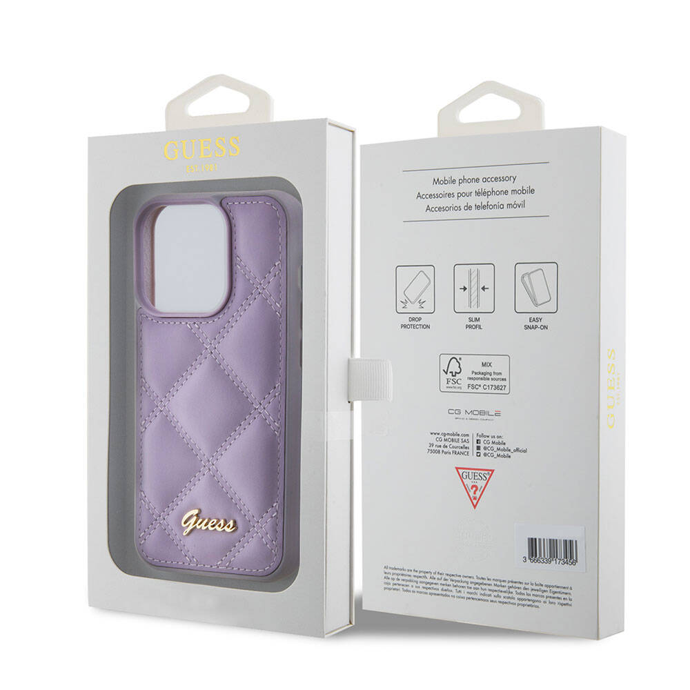 iPhone 15 Pro Kılıf Guess Orijinal Lisanslı PU Deri Metal Yazı Logolu Kapitone Kılıf