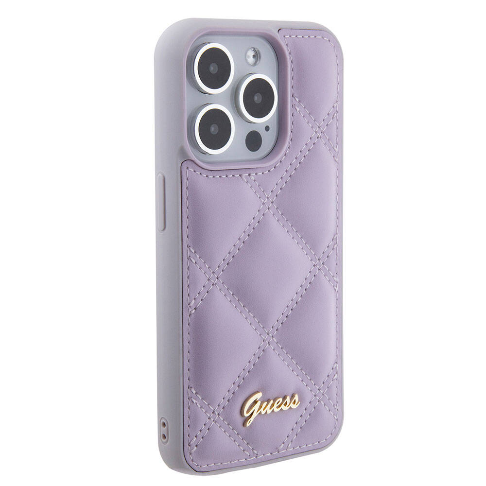 iPhone 15 Pro Kılıf Guess Orijinal Lisanslı PU Deri Metal Yazı Logolu Kapitone Kılıf