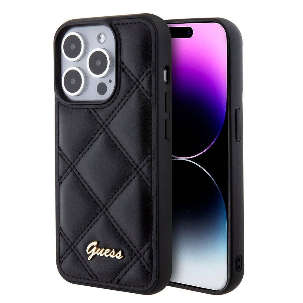 iPhone 15 Pro Kılıf Guess Orijinal Lisanslı PU Deri Metal Yazı Logolu Kapitone Kılıf