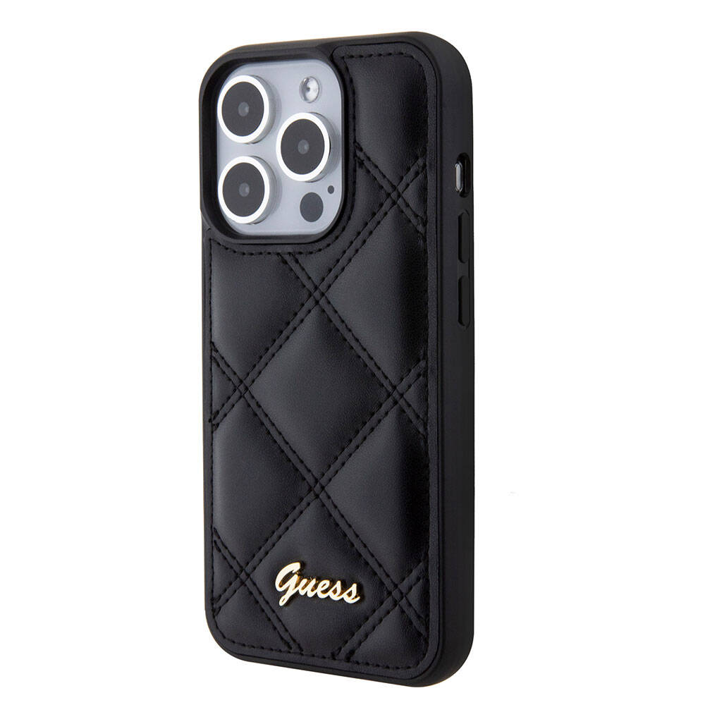 iPhone 15 Pro Kılıf Guess Orijinal Lisanslı PU Deri Metal Yazı Logolu Kapitone Kılıf