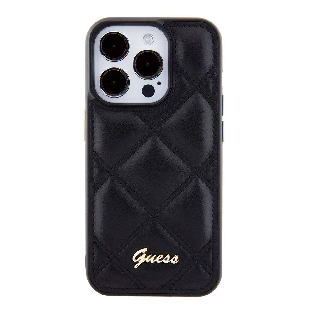iPhone 15 Pro Kılıf Guess Orijinal Lisanslı PU Deri Metal Yazı Logolu Kapitone Kılıf