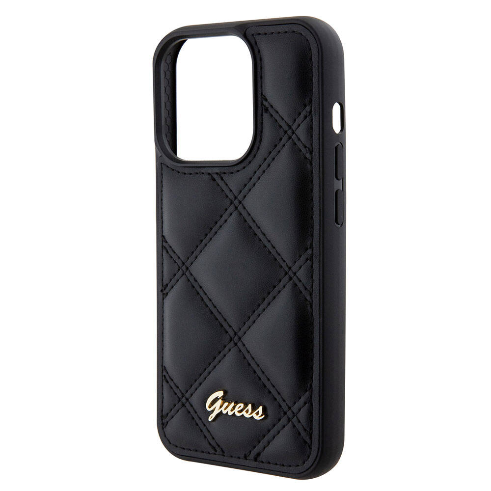 iPhone 15 Pro Kılıf Guess Orijinal Lisanslı PU Deri Metal Yazı Logolu Kapitone Kılıf