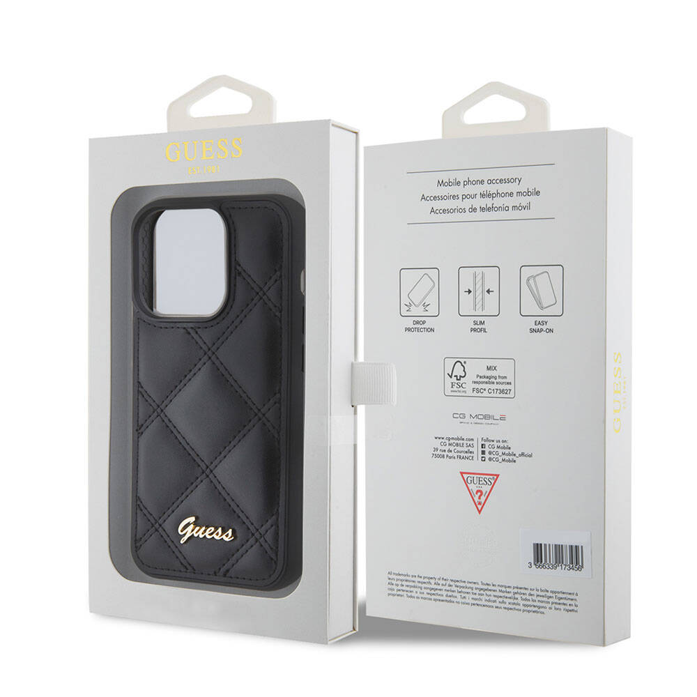 iPhone 15 Pro Kılıf Guess Orijinal Lisanslı PU Deri Metal Yazı Logolu Kapitone Kılıf