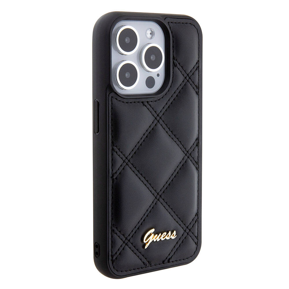 iPhone 15 Pro Kılıf Guess Orijinal Lisanslı PU Deri Metal Yazı Logolu Kapitone Kılıf