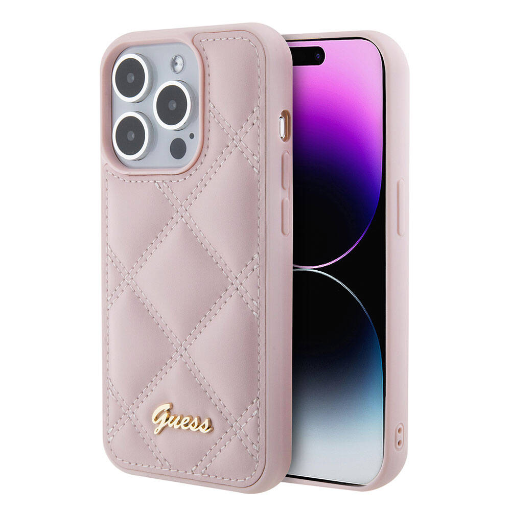 iPhone 15 Pro Kılıf Guess Orijinal Lisanslı PU Deri Metal Yazı Logolu Kapitone Kılıf