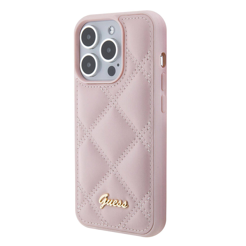 iPhone 15 Pro Kılıf Guess Orijinal Lisanslı PU Deri Metal Yazı Logolu Kapitone Kılıf