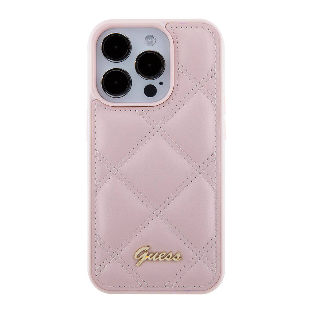 iPhone 15 Pro Kılıf Guess Orijinal Lisanslı PU Deri Metal Yazı Logolu Kapitone Kılıf