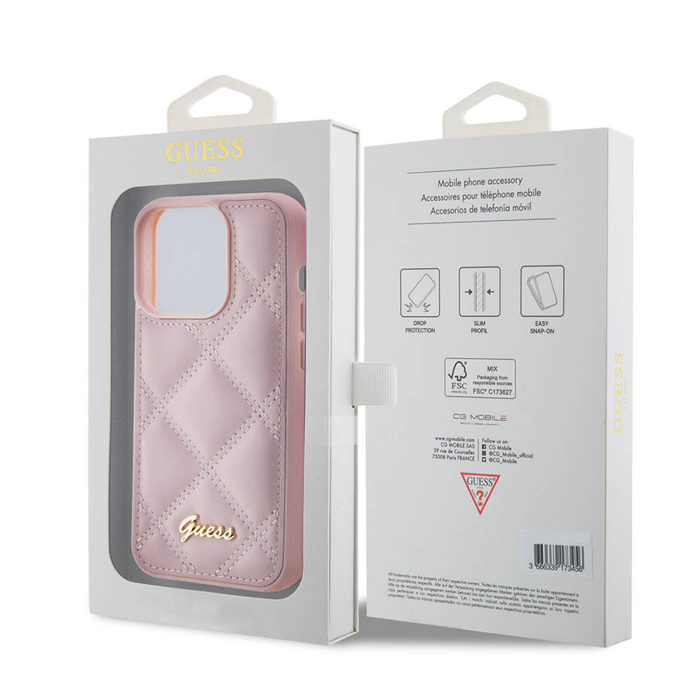 iPhone 15 Pro Kılıf Guess Orijinal Lisanslı PU Deri Metal Yazı Logolu Kapitone Kılıf