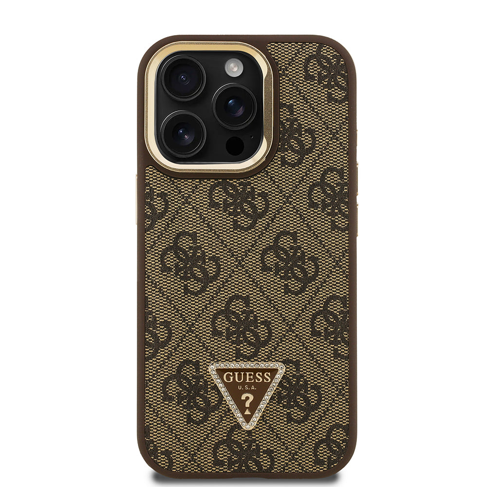 iPhone 15 Pro Kılıf Guess Orijinal Lisanslı PU Deri Taşlı Üçgen Logo 4G Desenli Kamera Standlı Kılıf