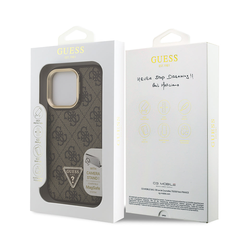 iPhone 15 Pro Kılıf Guess Orijinal Lisanslı PU Deri Taşlı Üçgen Logo 4G Desenli Kamera Standlı Kılıf