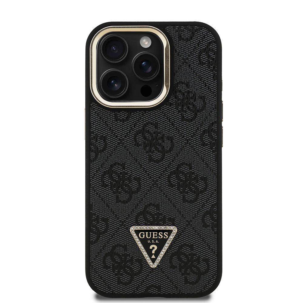 iPhone 15 Pro Kılıf Guess Orijinal Lisanslı PU Deri Taşlı Üçgen Logo 4G Desenli Kamera Standlı Kılıf