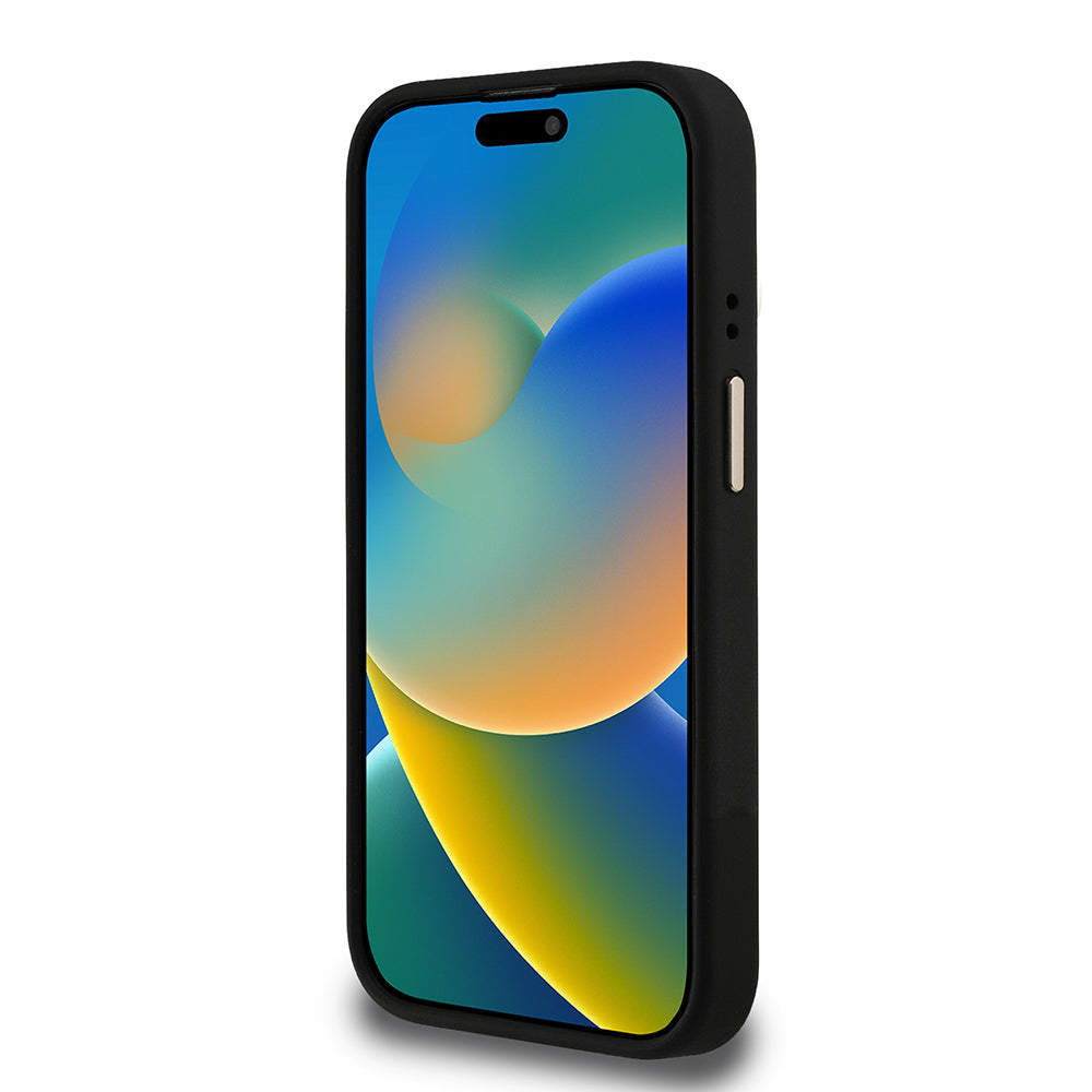 iPhone 15 Pro Kılıf Guess Orijinal Lisanslı PU Deri Taşlı Üçgen Logo 4G Desenli Kamera Standlı Kılıf