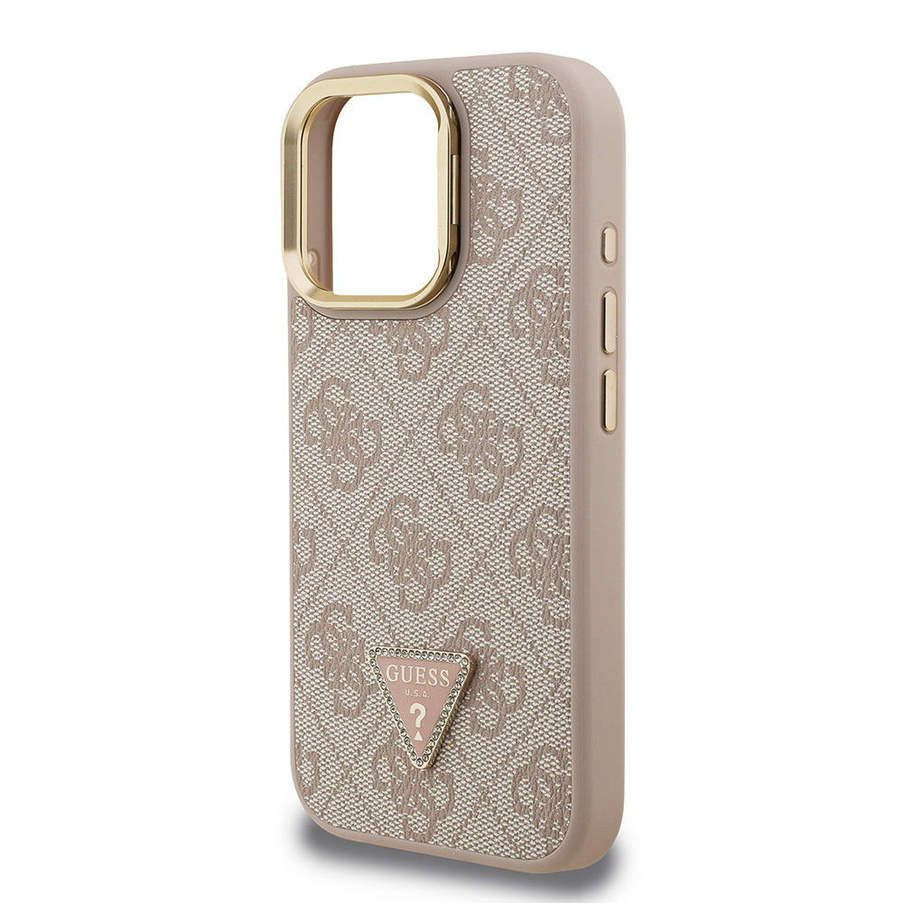 iPhone 15 Pro Kılıf Guess Orijinal Lisanslı PU Deri Taşlı Üçgen Logo 4G Desenli Kamera Standlı Kılıf