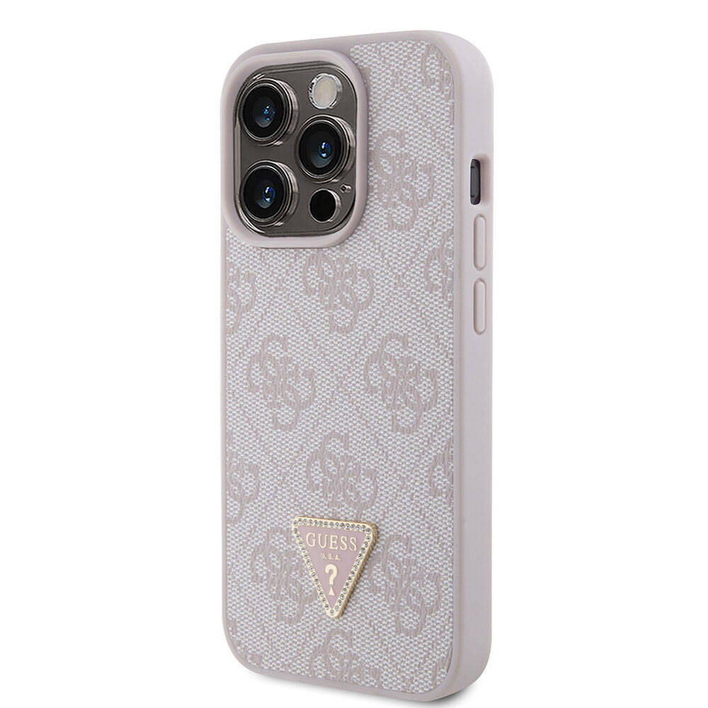 iPhone 15 Pro Kılıf Guess Orijinal Lisanslı PU Deri Taşlı Üçgen Logo 4G Desenli Strass Kılıf